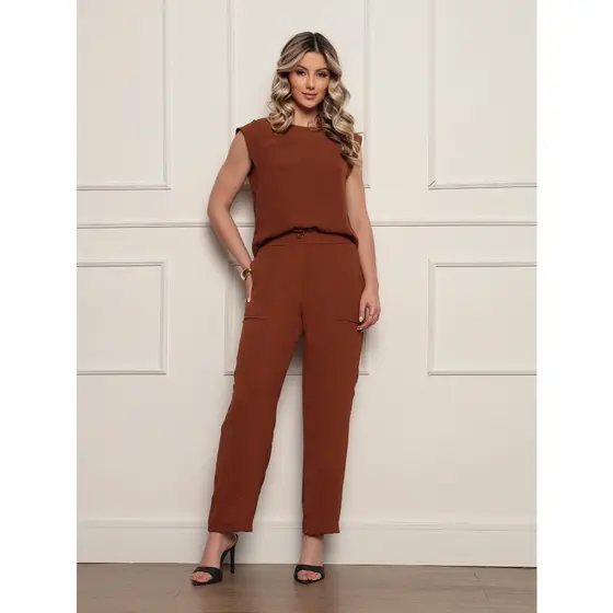 Conjunto feminino Duna Blusa Manga curta e Calça - Tecido Duna