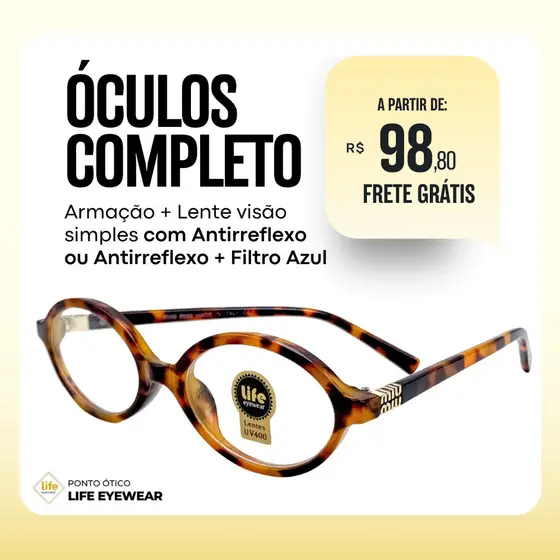Óculos de Grau Feminino Oval em Acetato Várias Cores + Lentes Antirreflexo para Miopia, Hipermetropia e Astigmatismo.