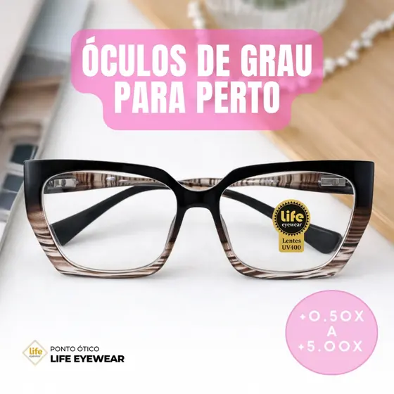 Óculos Hexagonal Marília Grau +0,50 a +5,00 Feminino Leitura Hipermetropia Marrom Leopardo