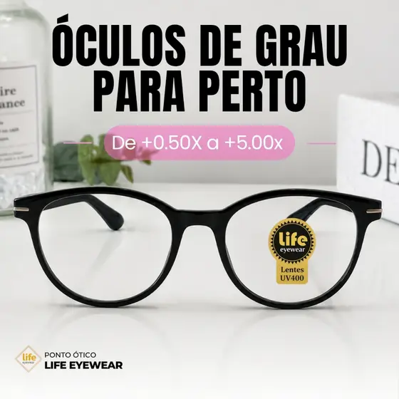 Óculos Grau +0.50 Ate +5.00 Redondo Brilho Preto Leitura Descanso