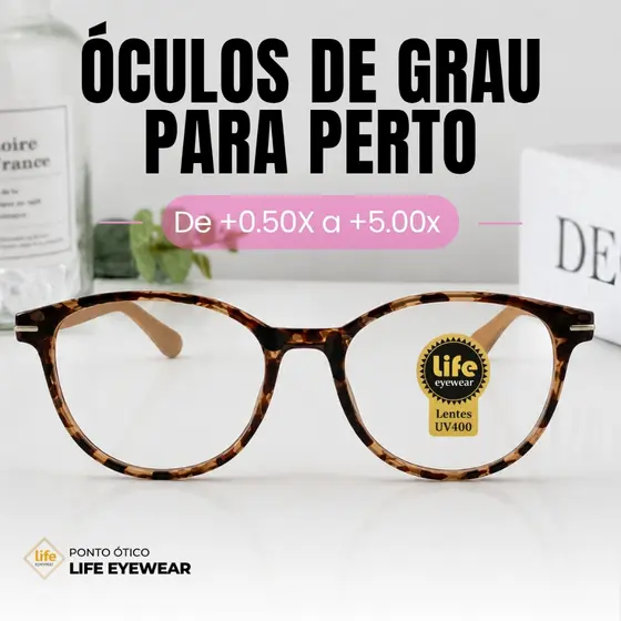 Óculos Grau +0.50 Ate +5.00 Redondo Brilho Rosa Oncinha Leitura Descanso