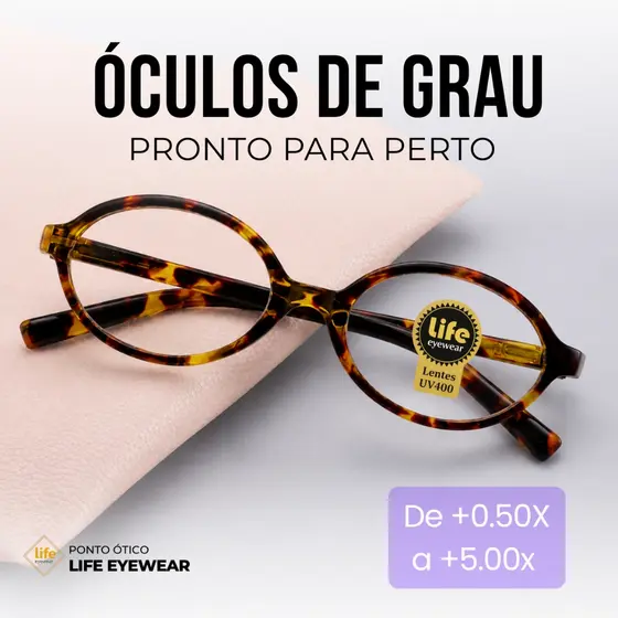 Óculos Oval Acetato Tartaruga Grau +0,50 até +5,00 Hipermetropia Feminino Leitura
