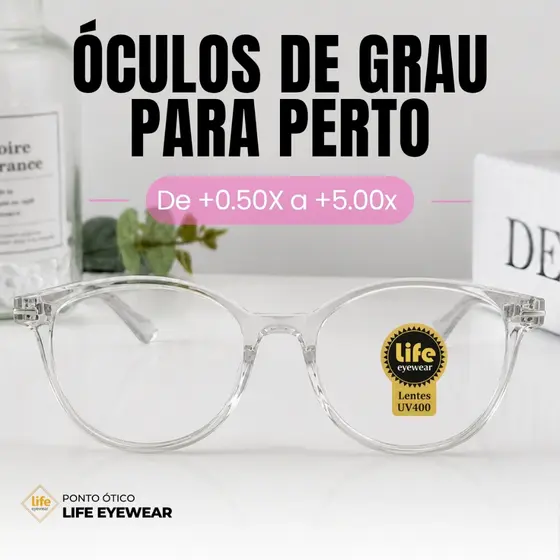 Óculos Grau +0.50 Ate +5.00 Redondo Brilho Transparente Leitura Descanso