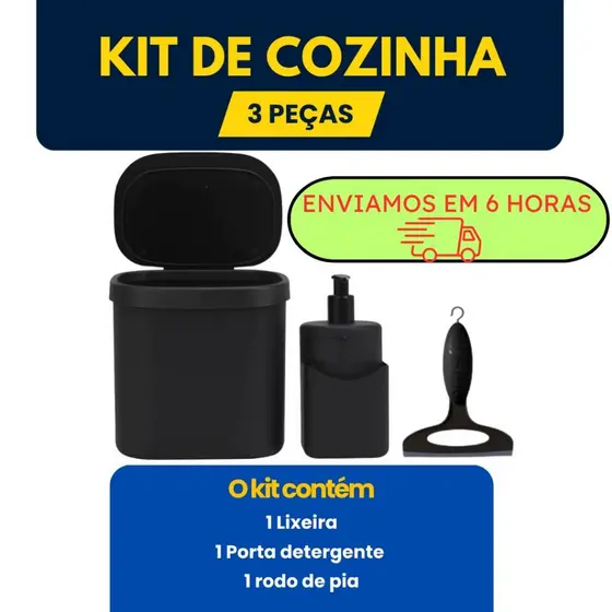 Kit Pia De Cozinha Com Lixeira 3,5 Litros e Dispenser de Detergente 500 ML Porta Bucha