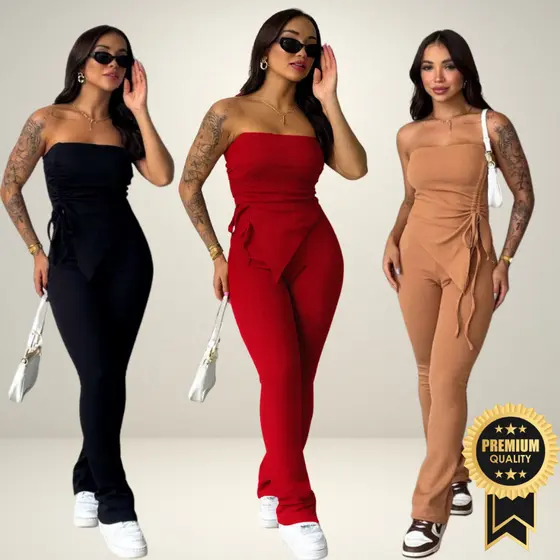 Conjunto Feminino Tomara que Caia e Calça Flare Cropped Blusinha Com Regulagem Moda Gringa 36 ao 44