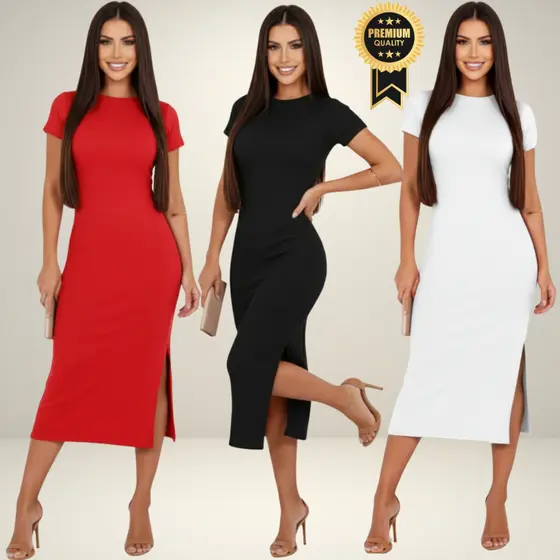 Vestido midi com fenda lateral canelado feminino 36 ao 44