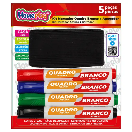 KIT MARCADOR QUADRO BRANCO COM APAGADOR 4 CORES HOMEPLAY