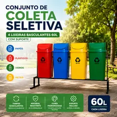 Conjunto Coleta Seletiva 4 Lixeiras Basculantes 60L com Suporte Metálico