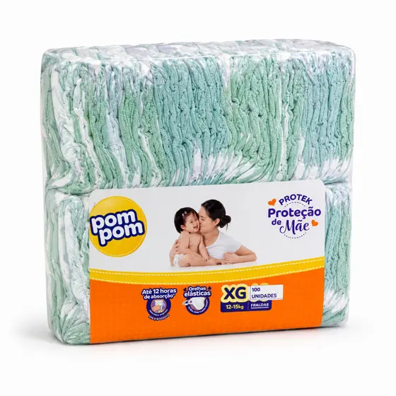 Pacotão com 100  Fraldas Pom Pom Protek Proteção de mãe M(4- 9kg) G(8-13kg) XG(12-15kg) XXG(14-18kg)
