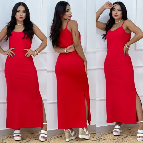 vestido longo de Alcinha com fenda lateral, tamanho único G veste do 40 ao 44 tecido canelado