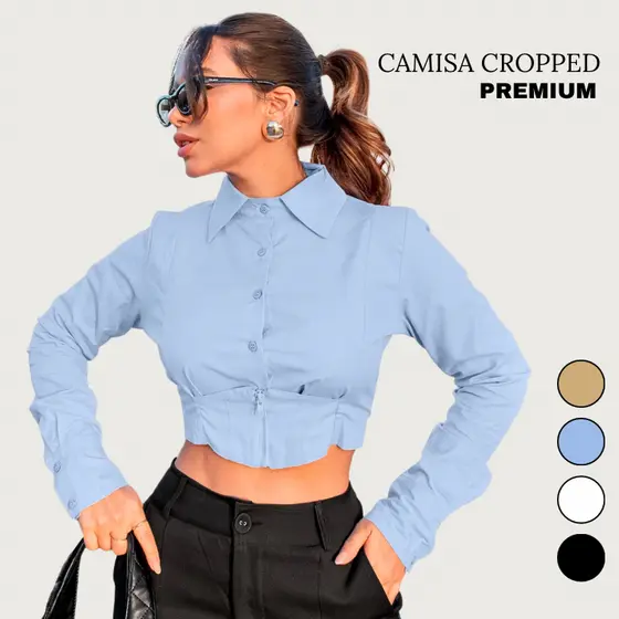 Blusa Camisa Cropped Manga Longa Tricoline Elegante