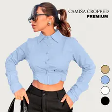 Blusa Camisa Cropped Manga Longa Tricoline Elegante