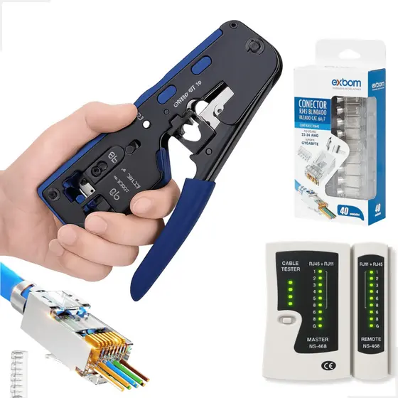 Kit Rede Profissional Alicate Crimpador + Testador + 40 Conectores RJ45 Blindados CAT7/CAT6a
