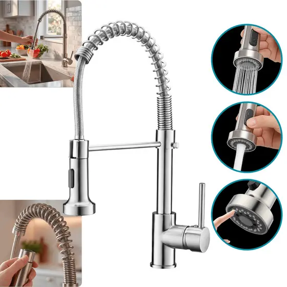 Torneira Gourmet Monocomando Cozinha Bancada Mola Spring Ducha Bica Giratória 360° Cromado Brilhante