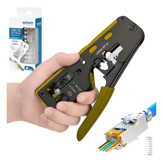 Kit Profissional de Redes Alicate Crimpador RJ45 Pass Through EZ + 40 Conectores Blindados Cat6 Cat7