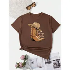 Camisa feminina de manga curta com estampa de de botas de cowboy e chapéu tendencia 100% Algodão