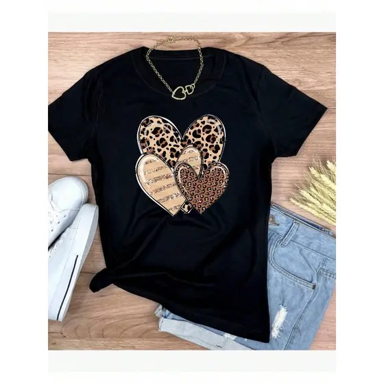 Camiseta T-Shirt Blusa Feminina Coração 100% Algodão Moda Animal Print