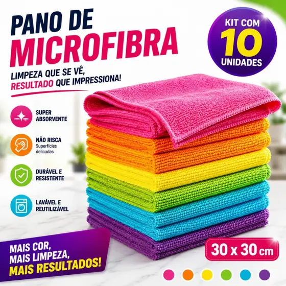 Kit 10 Panos Paninhos de Microfibra Flanela 30X30cm Limpa Vidro Seca Louça Cozinha Secagem Automotiva Alta Absorção