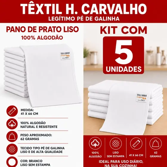 Pano Prato Pé De Galinha Com Bainha Liso Branco -  Kit com 5un