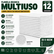 Flanela Branca 100% Algodão Neves 30x50cm Para Limpeza Geral - 12 Unidades