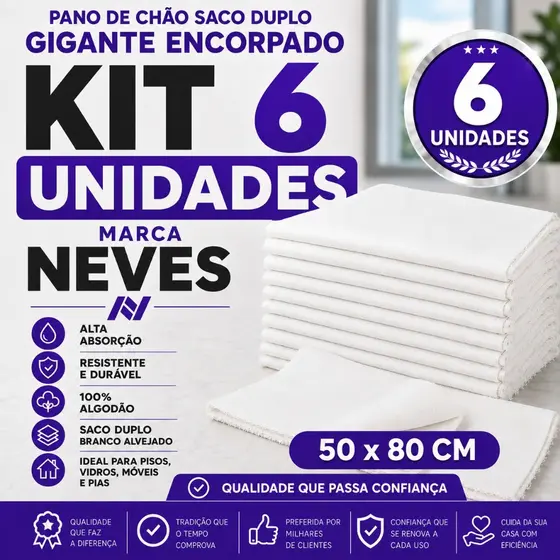 Pano De Chão Extra Grande - 50x80cm Fechado / 100x80cm Aberto Alta Qualidade - Neves - Kit Com 6un