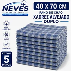 Kit com 5 Panos de Chão Grande 70x40cm - Saco Duplo Xadrez Azul Alvejado - Neves - Revenda - EV