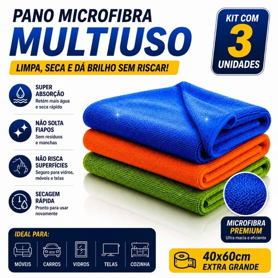 Kit C/ 3 - Pano De Chão Microfibra Gigante 60x40cm - Neves - Multiuso - Limpeza Geral - Multicores