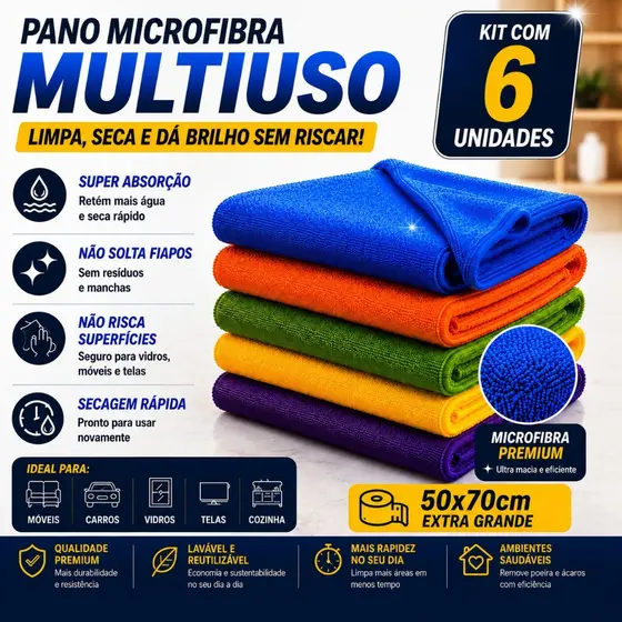 Kit C/ 6 - Pano De Chão Microfibra Gigante 50x70cm - Neves - Multiuso - Limpeza Geral - Multicores