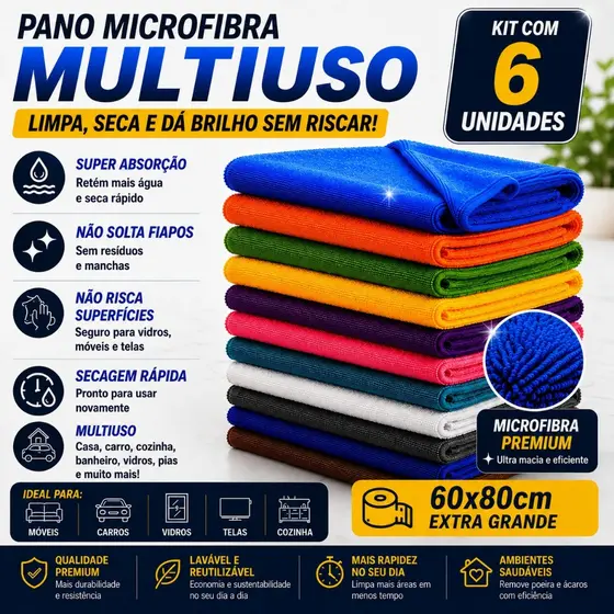 Pano De Chão Microfibra Gigante - 6 Un - 80x60cm - Neves - Multiuso - Limpeza Geral - Multicores