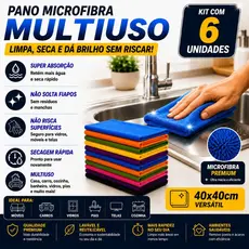 Kit C/ 6 - Pano De Microfibra 40 X 40cm - Neves - Pia - Multiuso - Limpeza Geral - Cores Sortidas