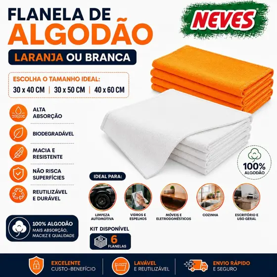 6 Flanelas P M ou G Laranja ou Branca 100% Algodão Alta Qualidade Tamanhos P M ou G Neves Multiuso