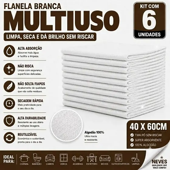 Flanela Branca 100% Algodão Neves 40x60cm Para Limpeza Geral - 6 Uni