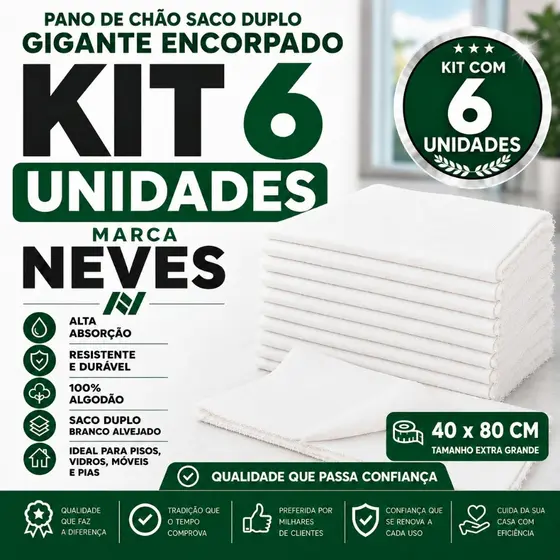 Pano De Chão Extra Grande - 80x40cm Fechado / 80x40cm Aberto Alta Qualidade - Neves - Kit Com 6un