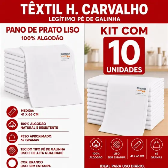 Kit 10 Pano De Prato Pé de Galinha Tati Liso Branco Cozinha Pintar H Carvalho