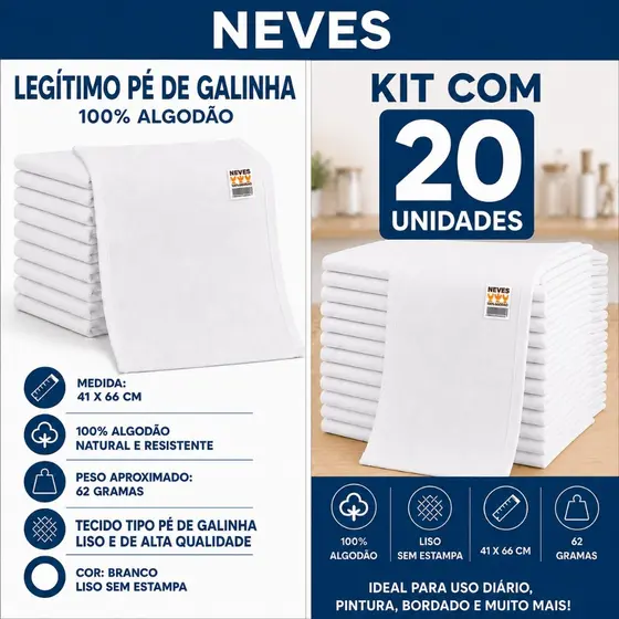 Pano de Prato Branco Liso Pé de Galinha Legítimo Patty Neves 41x66 cm 100% Algodão Pintar Bordar
