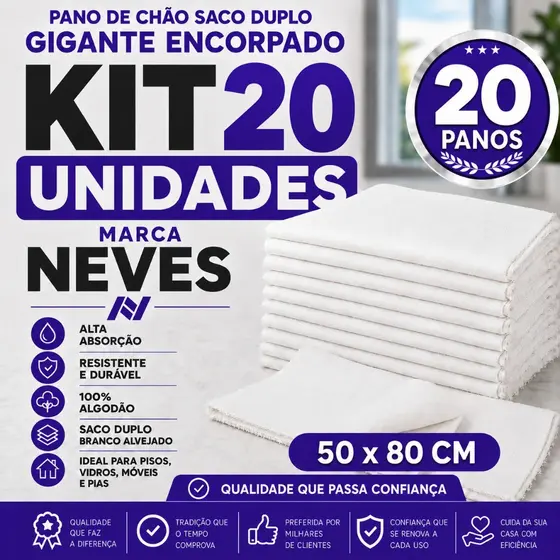 Pano De Chão Gigante Branco 50x80 Cm Encorpado Neves 100% Algodão Duplo 100Gr Saco Duplo Alvejado