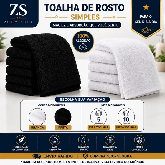 Toalha De Rosto Branca ou Preta Simples - 60x40cm - Profissional - 60g - Cabeleireiro - Barbearia - Hotel - Dia a Dia