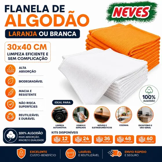 Flanela 100% Algodão Neves Pq 30x40cm Limpeza Delicada - Tira Pó - Automóveis - Casa - Móveis