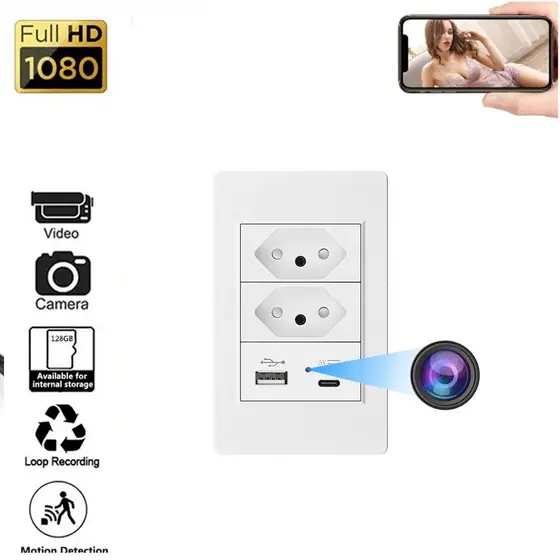Soquete Brasileiro Com Câmera WIFI Sem Fio Mini Nanny Cam Loop Gravação webcam Tipo-c
