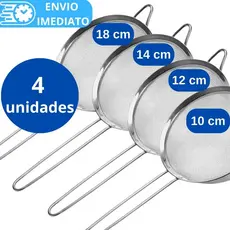 KIT 1 ou 4 Peneiras Coador de Aço Inox 18cm 14cm 12cm 10 cm para Cozinha Casa Restaurante.