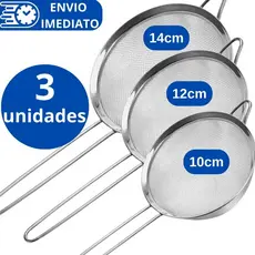 KIT 3 Peneira Coador de Aço Inox 14cm 12cm 10cm para Cozinha Casa Restaurante.