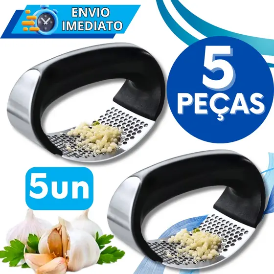 KIT Conjunto 5 Triturador Amassador Espremedor de Alho Batata Legume Aço Inox Manual Multiuso Universal Super Resistente