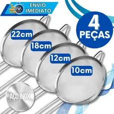 KIT 1/4 Unid Peneira Coador de Aço Inox 22cm 18cm 12cm 10cm para Cozinha Casa Restaurante Doceria Oleo Farinha Multiuso.