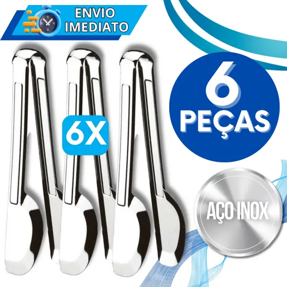 KIT Jogo 6 Pegador Pinça Universal Aço Inox PREMIUM de Churrasco Salada Massa Para Casa Cozinha Buffet Restaurante