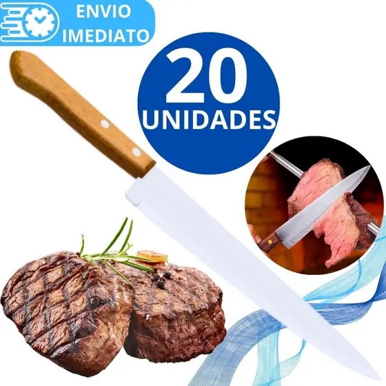 KIT 20 Faca De Cozinha Inox Profissional Tamanho 5 Do Chef Cabo Madeira para Casa Restaurante Açougue Churrasco