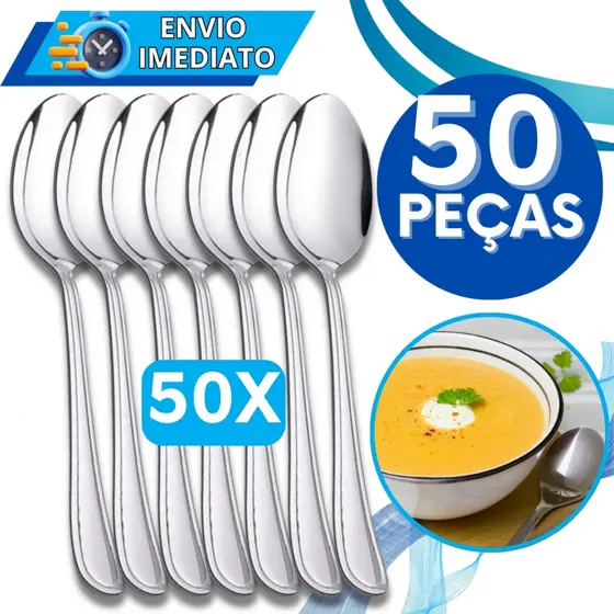 KIT 50 Peças Colher de Sopa Mesa Talher de Aço Inox Polido GRANDE Luxo Arroz Para Casa Cozinha Restaurante Buffet