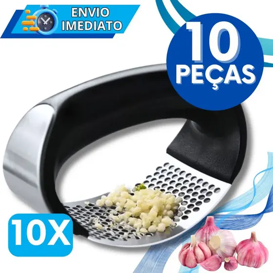 KIT 10 Triturador Amassador Espremedor de Alho Batata Legume Aço Inox Manual Multiuso Universal Cabo Preto Resistente