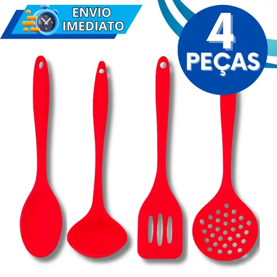 KIT Jogo 4 Utensílios de Cozinha Silicone Premium Resistente Colher Concha Escumadeira Espátula Vazada MINI
