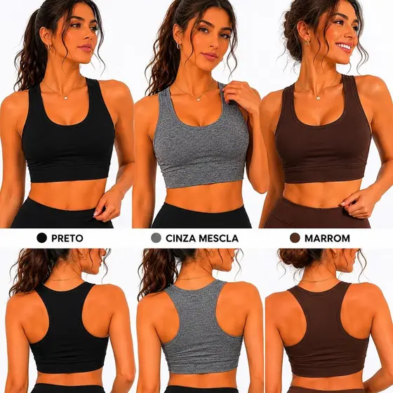 Kit 3 Tops Femininos Academia Nadador Suplex Sem Bojo Preto Cinza Bordô Marrom