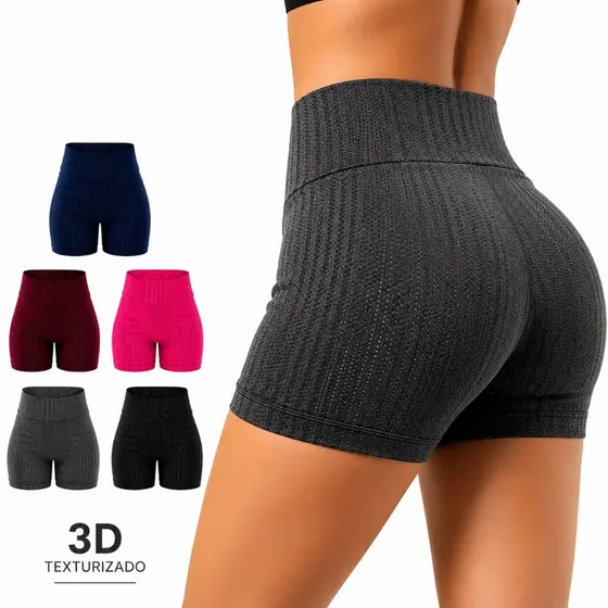 Short 3D Feminino Cintura Alta Texturizado Academia Compressão